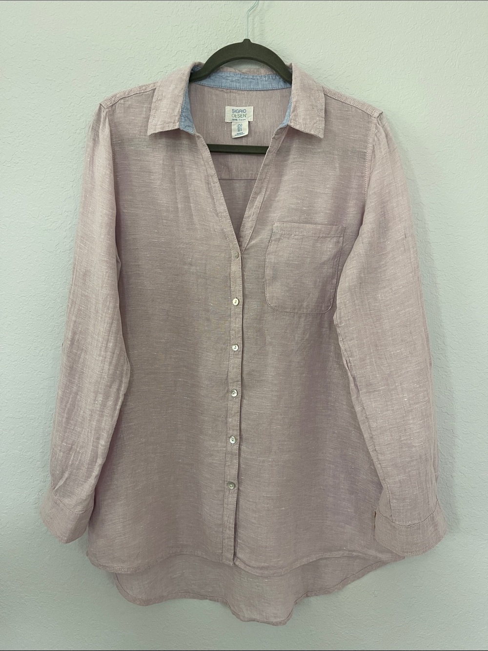 Sigrid Olsen 100% Linen Blush Pink Roll Tab Button Up Shirt Size Small